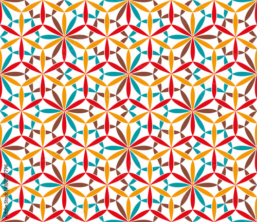 Colorful kaleidoscope seamless pattern. Decorative mandala ornament. Geometric design elements. Rainbow wallpaper, fabric, furniture print. Abstract vector flowers and stars. Psychedelic style
