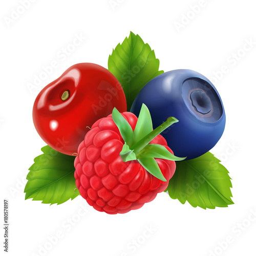 Ripe berries. Raspberry, blueberries and cherry icon. Vector illustration