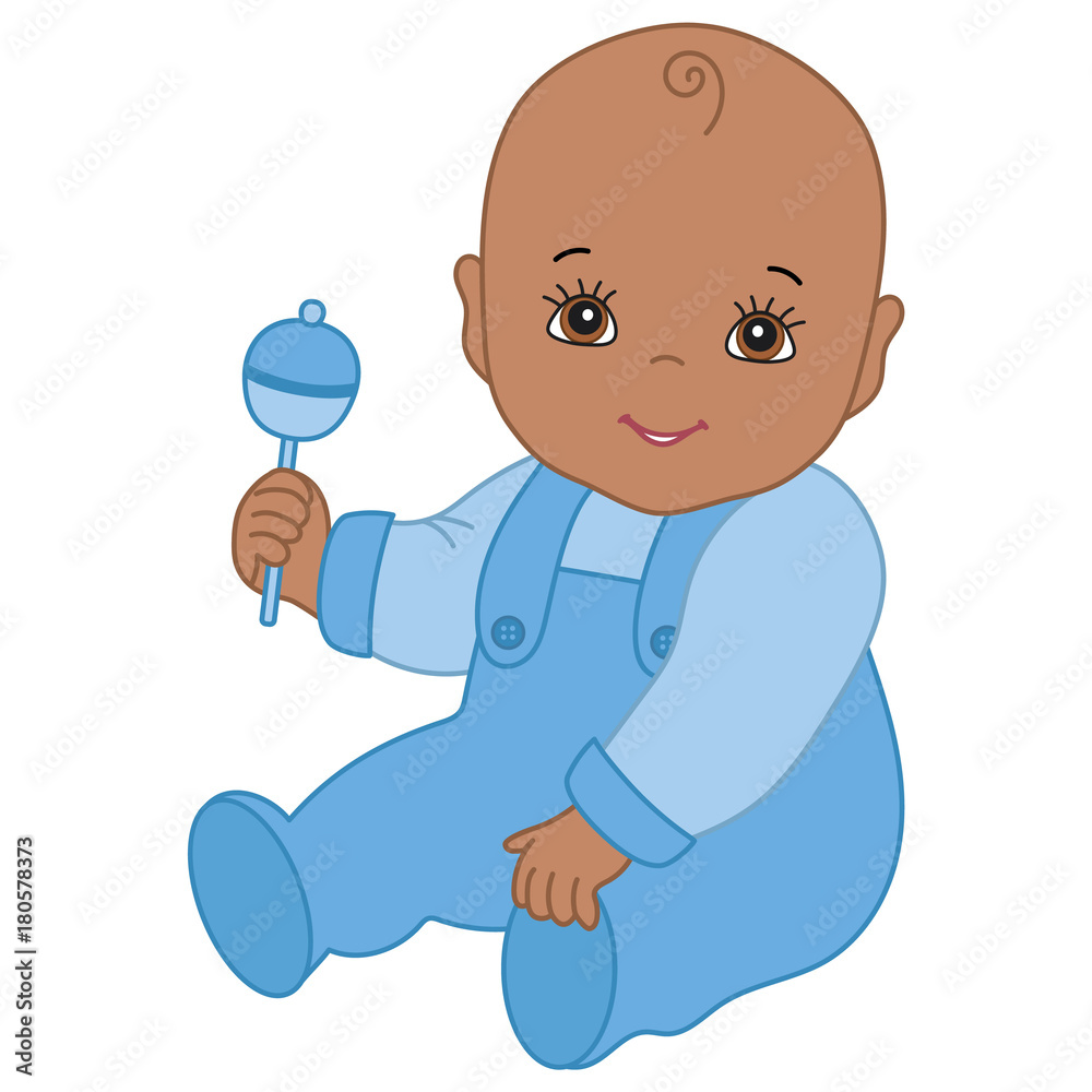 Vector Cute African American Baby Boy with Rattle