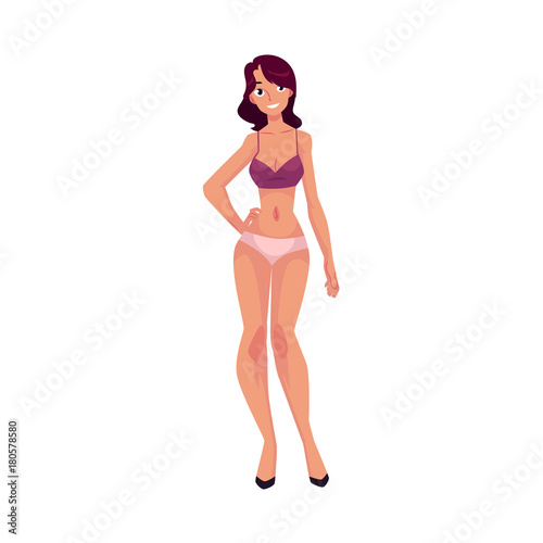 Young beautiful slim Caucasian woman  girl in underwear  panties and bra  cartoon vector illustration isolated on white background. Cartoon young woman  girl in underwear  full length portrait