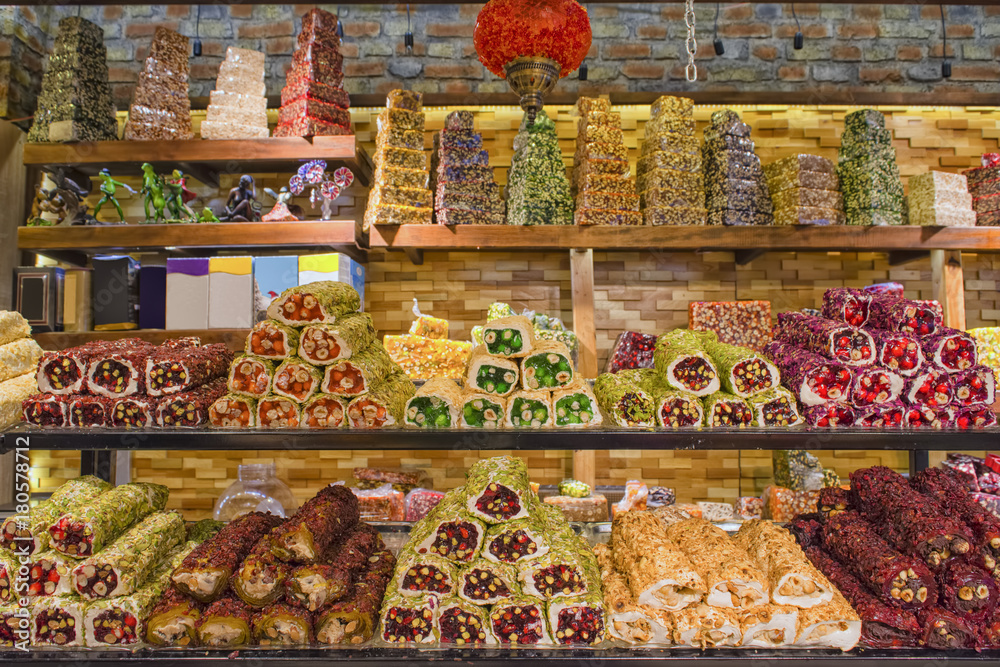Traditional turkish sweets rahat lokum. Kemer Turkey - obrazy, fototapety, plakaty 