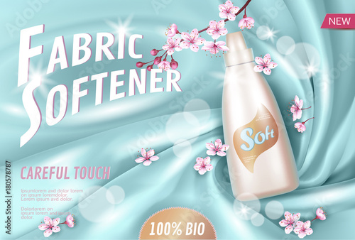 Sakura flower fabric softener promotional poster template. Pink petal blossom japanese branch aroma. Golden package realistic 3d silk light blue soft satin background vector illustration
