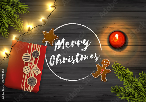 Merry Christmas Lettering On Wooden Board. Realistic Vector Design