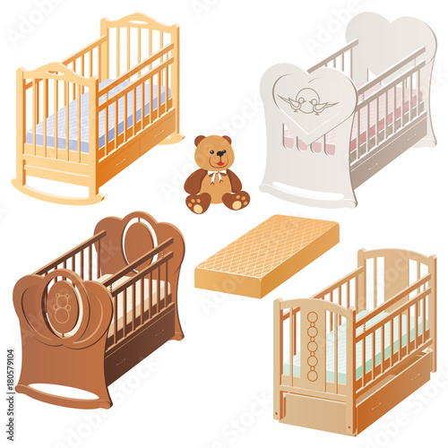 Set of Сolorful Сot with Drawer and Mattress. Varieties of Design.