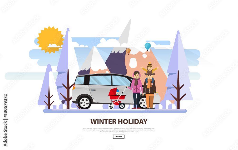 Winter Vacation Vector Backgound. White Snowy Landscape with Family