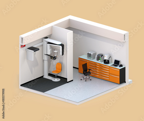 Isometric view of dental clinic interior with Con-Beam CT and CADCAM system. 3D rendering image. photo