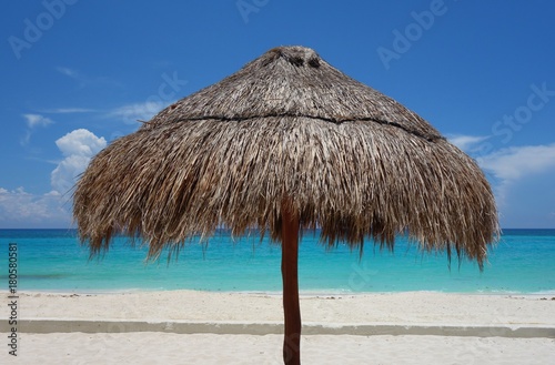 A palapa thatched palm tree sun umbrella on the beach in Cancun  Mexico