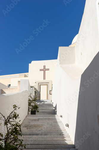 Stairs up to the church in Fira, Santorini © kelifamily
