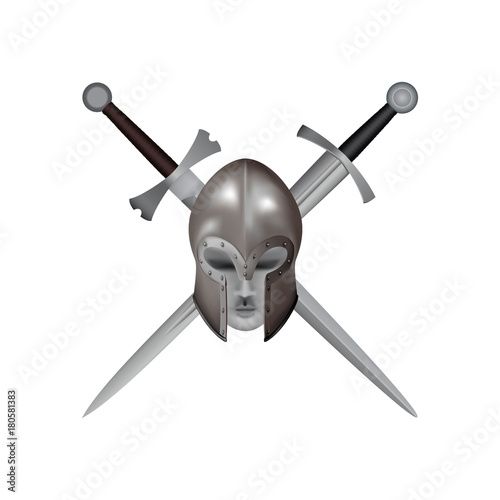 3d medieval Italian closed helmet with ghostly face of a man. Helmet without visor on the background of 2 crossed medieval swords