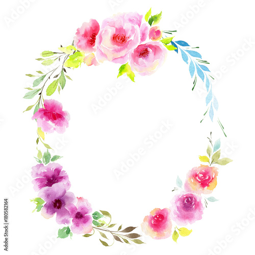 Wildflower eustoma flower wreath in a watercolor style. Full name of the plant  eustoma  marigolds  tagetes. Aquarelle wild flower for background  texture  wrapper pattern  frame or border.