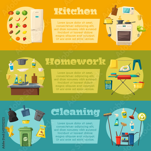 Household set and cleaning supplies banners. Cartoon vector illustration