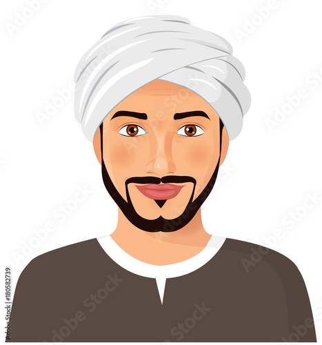 Handsome  arab man avatar face with mustache and beard in a traditional turban  isolated vector Illustration photo