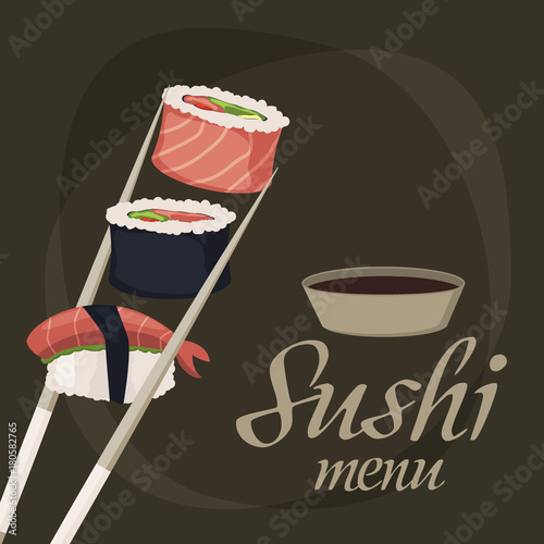 Sushi rolls sashimi seafood fish rice japanese food fresh soy sauce japan meal maki raw background restaurant traditional asian cuisine vector illustration.