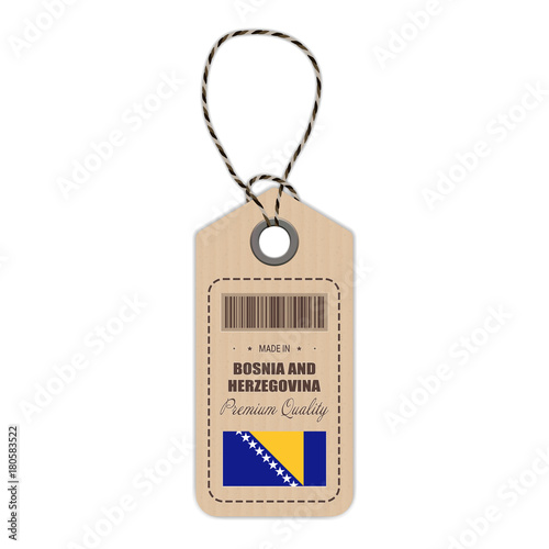 Hang Tag Made In Bosnia And Herzegovina With Flag Icon Isolated On A White Background. Vector Illustration. Made In Badge. Business Concept. Buy products made in Bosnia And Herzegovina. Use For