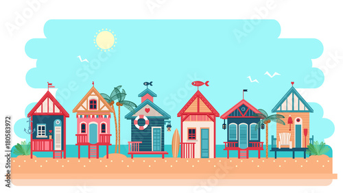 Beach bungalow hotel. Vector summer illustration