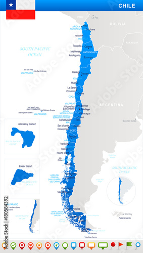 Chile - map, flag and navigation icons - Detailed Vector Illustration