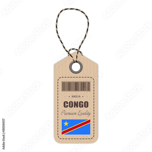 Hang Tag Made In Congo With Flag Icon Isolated On A White Background. Vector Illustration. Made In Badge. Business Concept. Buy products made in Democratic Republic Of The Congo. Use For Brochures photo