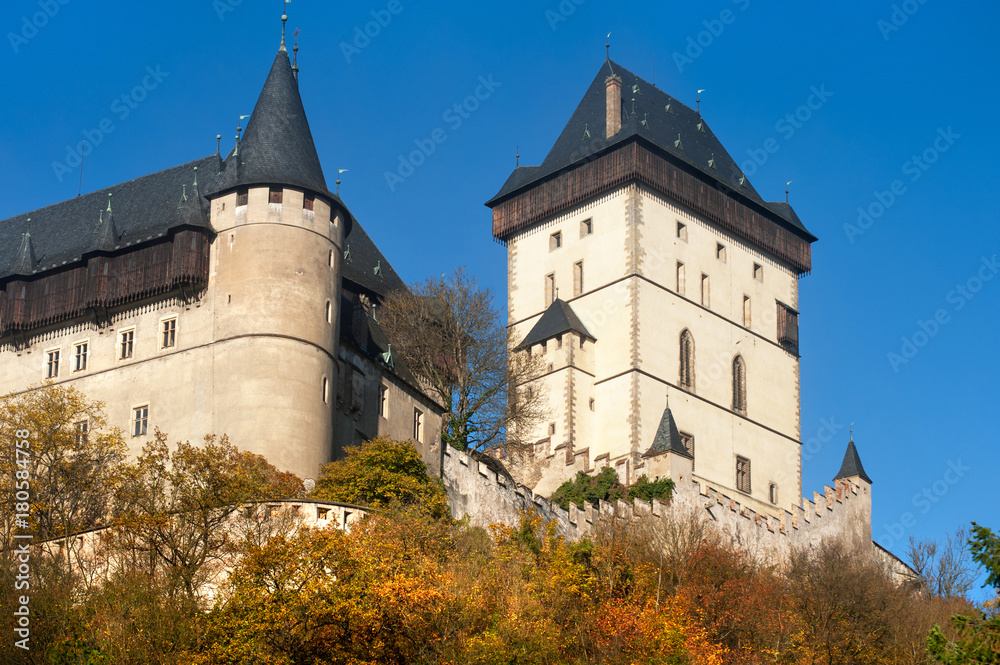 Royal castle Karlstejn and fortification in autumn