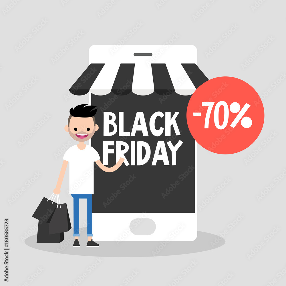 Black Friday sale. Young character holding a bunch of black shopping bags. Special offer. Online shopping. Mobile phone. Online store. Autumn sale event. Flat editable vector illustration, clip art Black Friday sale. Young character holding a bunch of black shopping bags. Special offer. Online shopping. Mobile phone. Online store. Autumn sale event. Flat editable vector illustration, clip art