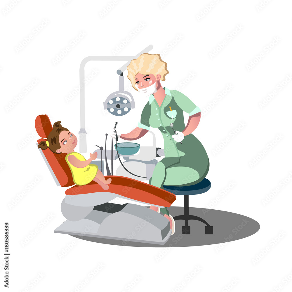 Child girl in the dentist s chair with a toothache.