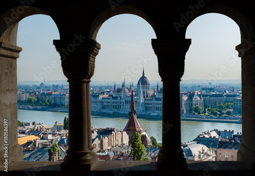 Budapest and hungarian parliament view through the arch of fisherman's bastion - Hungary