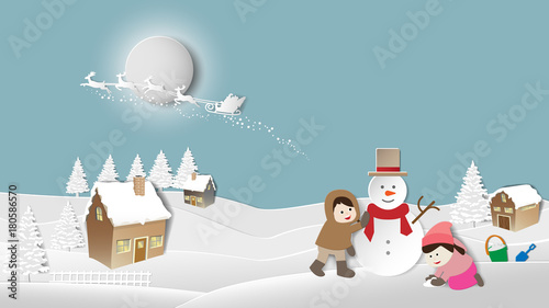 Paper folding art origami style vector illustration. Merry Christmas and happy New Year. Children making snowman and snowy landscape. Winter night sky with santa claus reindeer on big moon background.
