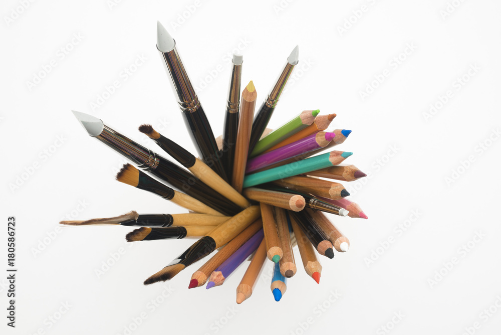 Crayon and brush in penholder from top Crayon and brush in penholder from top