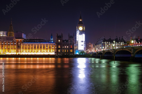 Night scene with light trails on the Westminster bridge. Big Ben and House of Parliament in London  The United Kingdom of Great Britain.