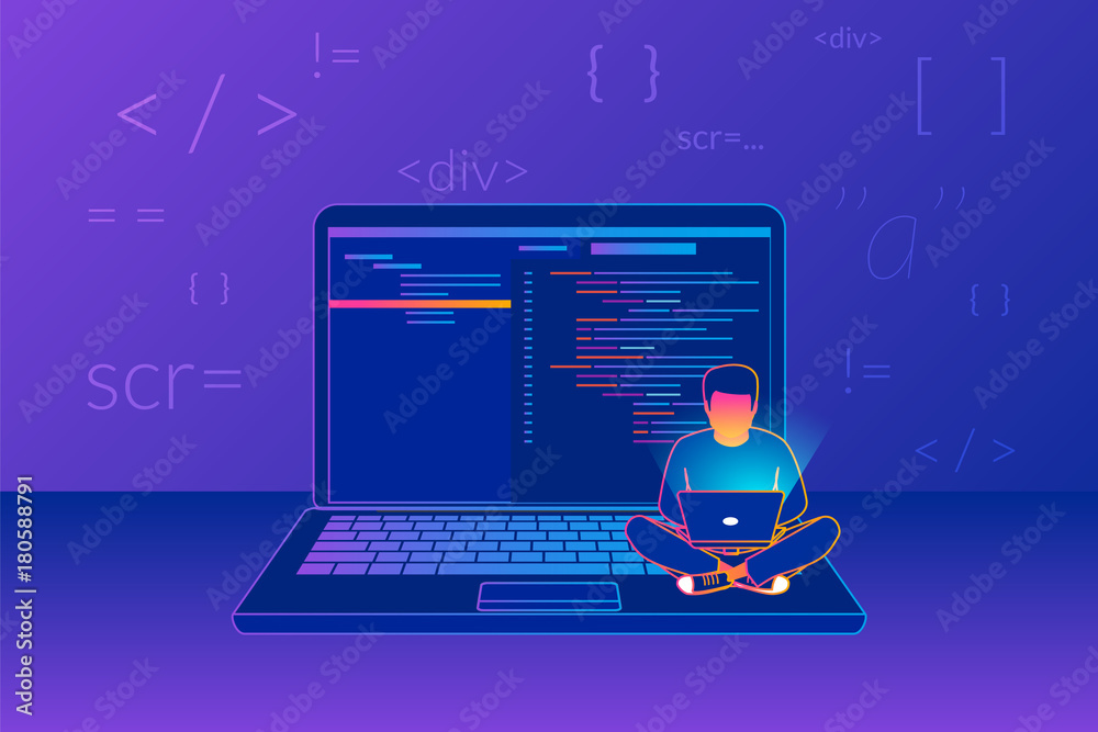 Man sitting on the big laptop and working. Gradient line vector illustration of young programmer coding a new project using computer on violet background with code symbols and signs