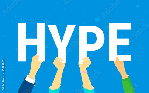 Hype letters concept vector illustration of happy young people following internet trends and hyping new marketing ideas. Flat human hands hold hype letters on blue background