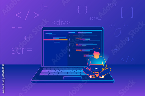 Man sitting on the big laptop and working. Gradient line vector illustration of young programmer coding a new project using computer on violet background with code symbols and signs