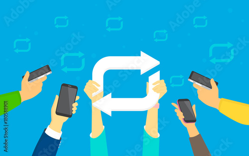 Repost concept vector illustration of young men and women using smartphones happy to reposting meme and publishing new trends in social network. Flat human hands hold hashtag sign on blue background