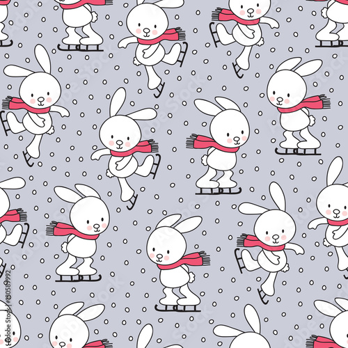 seamless bunny rabbit ice skating pattern vector illustration
