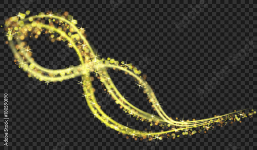 Gold glittering spiral star dust trail sparkling particles on transparent background. Space comet tail. Vector glamour fashion i