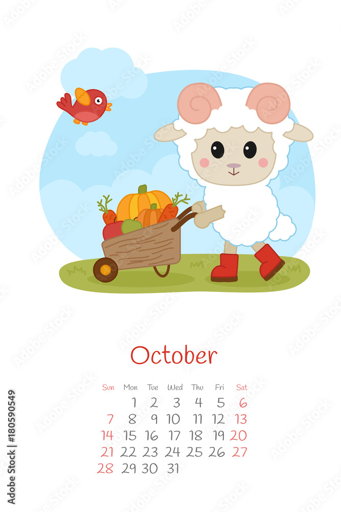 Calendar 2018 months October with sheep Calendar 2018 months October with sheep