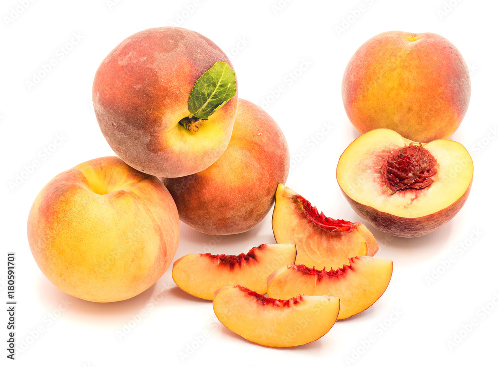 Whole and sliced peaches composition isolated on white background. Whole and sliced peaches composition isolated on white background.