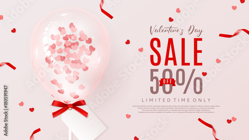 Promo Web Banner for Valentine's Day Sale. Beautiful Background with Realistic Transparent Pink Air Balloon with Confetti. Vector Illustration with Satin Ribbons. Seasonal Offer.