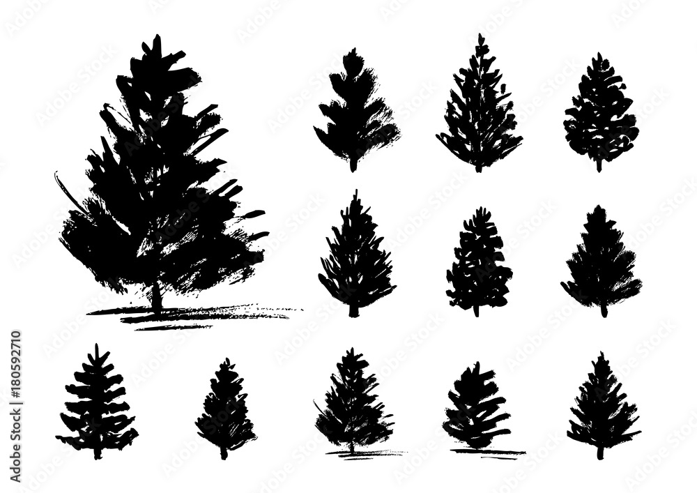 Set of 11 Christmas trees sketches  isolated on white