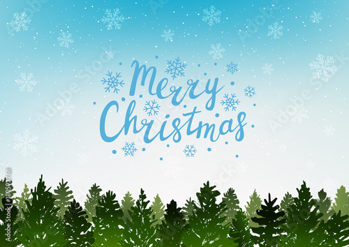 Winter landscape with coniferous forest on blue sky background