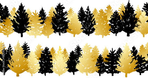 Set of seamless borders with golden and black coniferous trees