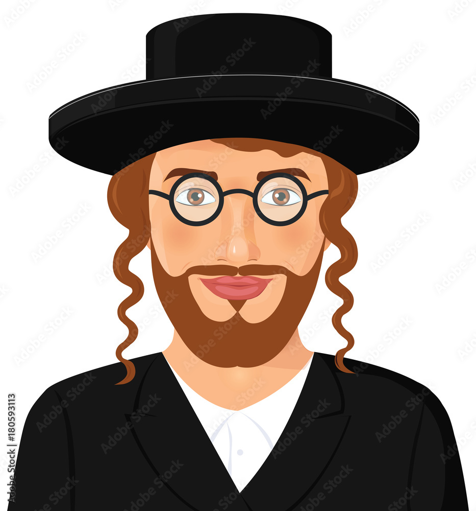 Jewish man face portrait with hat and beard in a black suit jerusalem israel vector illustration isolated on white background israeli ethnicity man with eyeglasses