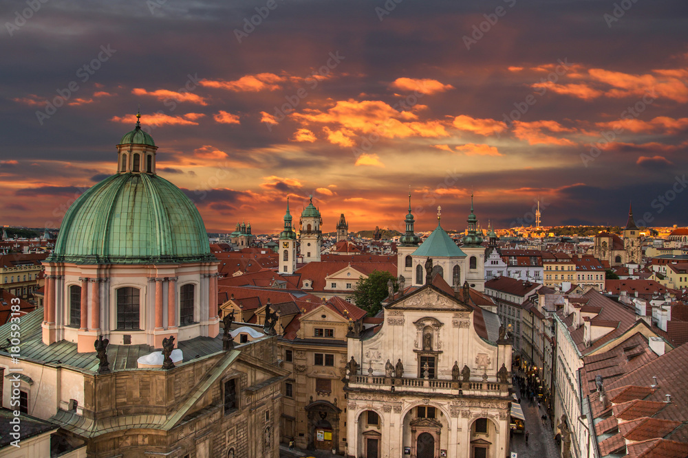 View of the roofs of old Prague during sunset. Europe, Czech republic.
