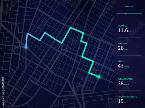 Vector city map with route and data interface for gps navigation and tracker app