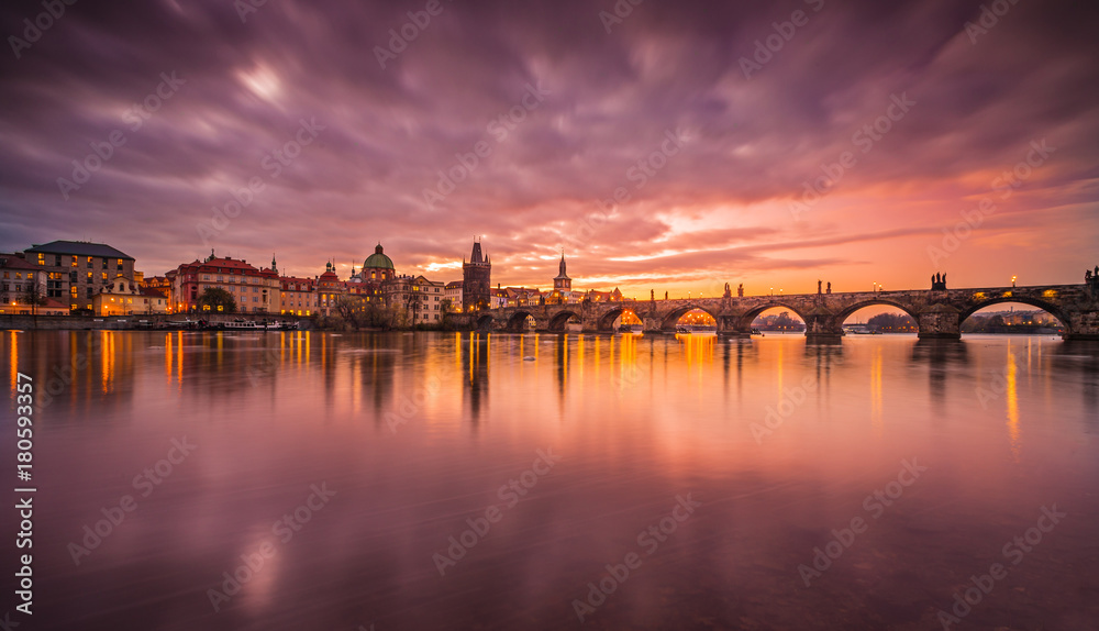 Prague Charles bridge during sunrise. Europe, Czech republic.