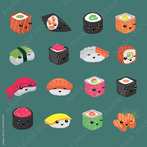 Cute and fun japanese sushi vector cartoon characters