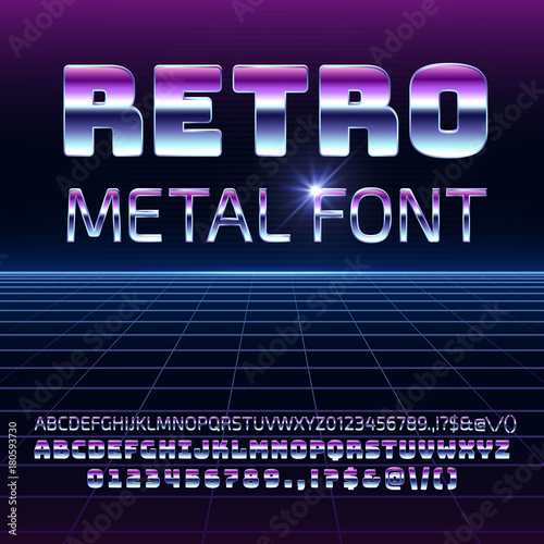 Retro space metal vector font. Metallica futuristic chrome letters and numbers in 80s vintage style