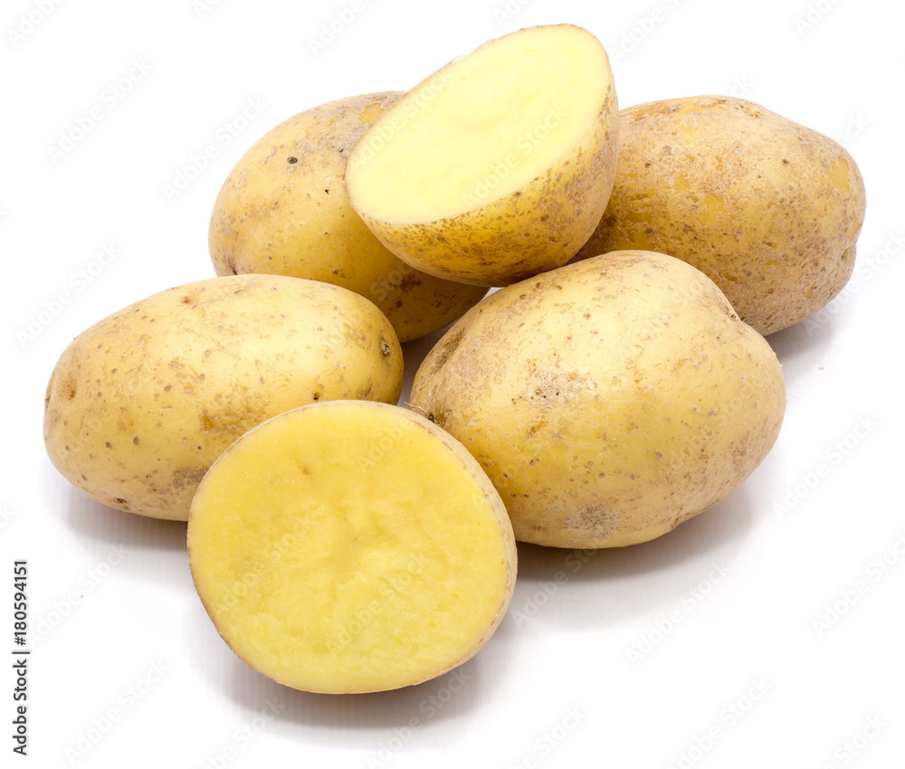 Group of whole potatoes and two halves isolated on white background. Group of whole potatoes and two halves isolated on white background.