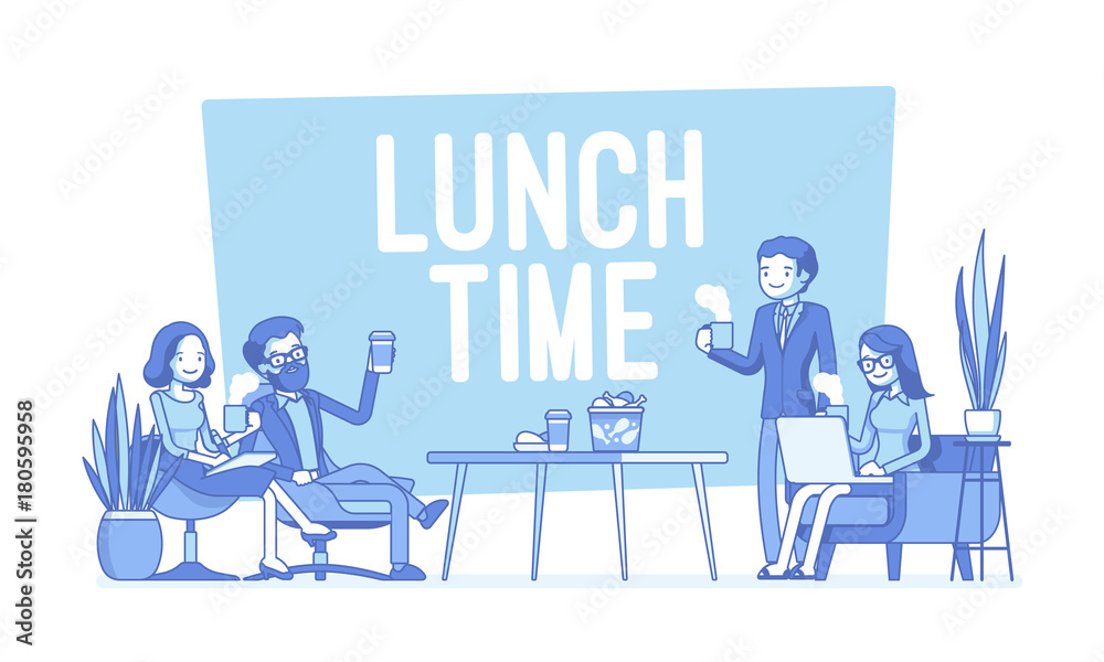 Lunch time in the office. Lineart concept illustration