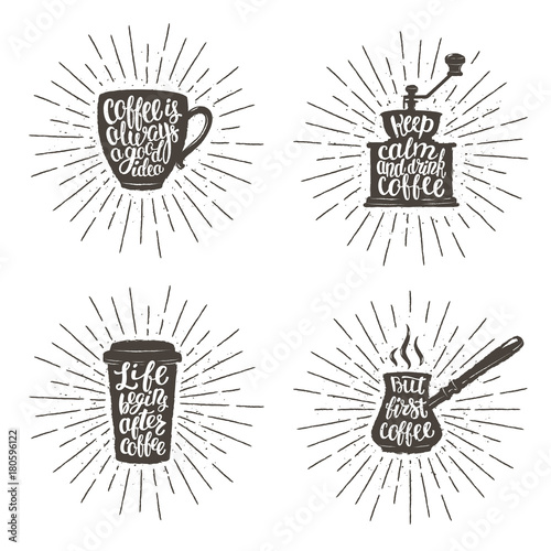 Coffee lettering in cup, grinder, pot shapes on sunburst background. Modern calligraphy  quotes about coffee. Vintage coffee objects  set with handwritten phrases and sturburst backdrop. 