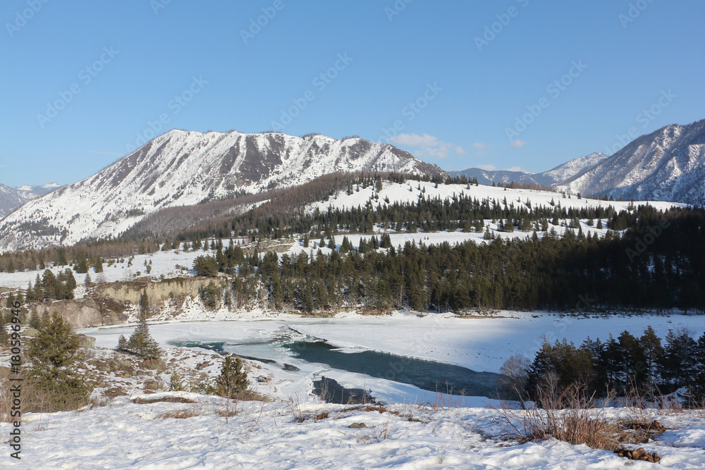 Mouth of the river. Ursul River flows into the Katun River, Altai, Russia
